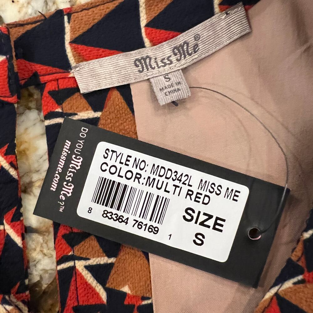 NWT Nordstrom’s Miss Me Tan, Navy, Orange/Red Geometric Print Shift Dress - S - Picture 6 of 10